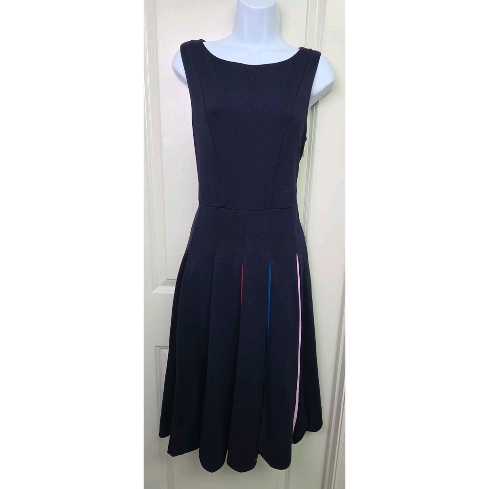 Boden Allegra Dress Ponte Scalloped Hem MultiColor Pleats Midi Blue Women Size 6 - Picture 3 of 14